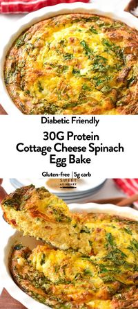 This Cottage Cheese Egg Bake is a tasty high-protein brunch recipe perfect to bring to a potluck and packed with 30 grams of protein per serving.You will love the Mediterranean flavors of this cottage cheese egg bake made with spinach, sundried tomatoes, and feta cheese.