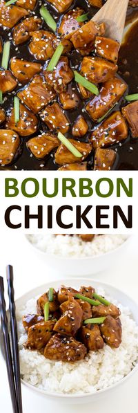 Super Easy One Pan Bourbon Chicken. Serve with rice and noodles to make it a meal! | chefsavvy.com #recipe #bourbon #chicken #dinner