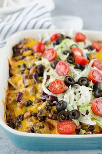 Black beans, pinto beans, and kidney beans layered with corn tortillas, enchilada sauce, and cheese. Easy meatless meal the whole family will love!