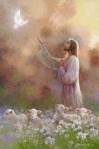 Prince of Peace by Yongsung Kim Jesus Christ white dove decending four lambs daiseys flowers grass brown background – HavenLight.com