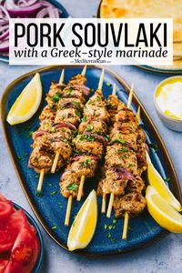 Pork souvlaki, the traditional Greek dish of tender, juicy grilled pork skewers, is made weeknight friendly thanks to this souvlaki recipe.