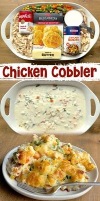 An effortless dinner casserole for a large family with kids! Add this budget friendly dish to your dinner rotation for busy weeknight meals. It's fun and easy to make by simply layering a few ingredients into a large baking dish. Start off with a stick of melted butter, top with pulled rotisserie chicken followed by mixed frozen veggies, and then pour over Red Lobster Biscuit Mix combined with milk. Once baked it tastes like a flavorful chicken pot pie! Even your picky eaters will go back for seconds, which is okay because this recipe makes enough to feed 8 people.