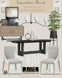 Looking for a dining room refresh? Check out these pieces and recreate the look at home! Dining room stripe rug, dining room chairs, black dining table, wood buffet console table, black planters, faux tree, wall art, wall sconce lights, table jar vase, decorative candle holders, dining room chandelier light.