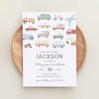 Invite friends and family to celebrate your little one's birthday with this transportation themed invitation, featuring cars, trucks, construction vehicles, and more!