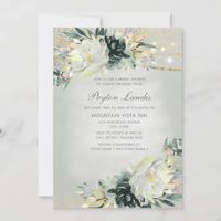 Elegant emerald / hunter green, sage green, and ivory white watercolor floral botanical bridal shower invitation with sparkling gold glitter and string lights. #ZAZZLEMADE