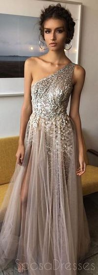 One Shoulder Sexy Side Slit Heavily Beaded Sparkly Long Evening Prom D – SposaDresses