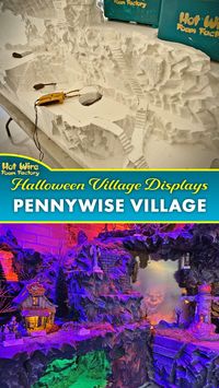 This massive and incredibly detailed Halloween village was made by Stephen Pepin of Showcase Displays for Millie's Hallmark and prominently features Pennywise the clown from the IT remake. #stephenkingsit #pennywisetheclown #halloweenvillages #villagedisplays #halloweendecor