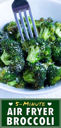 10 minutes · Vegetarian Gluten free · Serves 4 · Quickly cook up a batch of this Air Fryer Broccoli with extra crispy edges in less than 10 minutes! It's full of garlic and Parmesan flavor and a sprinkle of fresh lemon zest. Making roasted broccoli… More