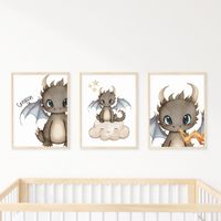 Personalized Cute Dragon watercolor wall art set of 3 prints, Personalized dragon nursery wall art prints with name, dragon nursery decor by UrbanBlueberry on Etsy