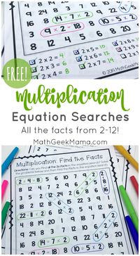 Need some fun and quick multiplication practice? This set of 'equation search' games is a fun multiplication game for 3rd grade kids who need to focus on a specific set of facts. This FREE download includes practice pages for all facts from 2-12! Kids will love the challenge of finding all the facts in the puzzle.