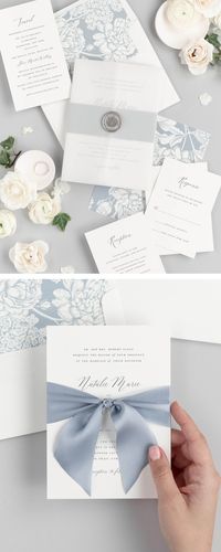 Shop our Natalie wedding invitations in dusty blue or any of our 40+ color options. Personalize instantly online with different colors, papers, belly bands, liner patterns, wax seals, and ribbon. If you’re not sure what to include, take our quick styling quiz to find the perfect combination of options. Receive a free or customized sample that reflects your results. Shop now to bring your vision to life!