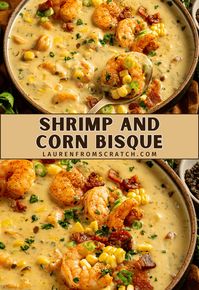 Louisiana Shrimp and Corn Bisque is a creamy, flavorful soup that's impressive as it is indulgent. It's a great choice if you love seafood and want a taste of the South. See more New Orleans recipes at LaurenFromScratch.com.