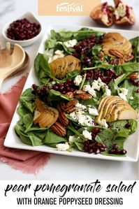 A salad that features creamy cheese, tart pomegranates and crisp pears is the perfect addition to your dinner spread. #pear #pomegranate #salad