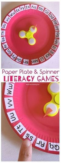 Paper Plate & Spinner Literacy Games. This makes learning letters extra fun for preschool and kindergarten.  #teachers #classrooms #learningABCs #learn #abc #figitspinner #crafts