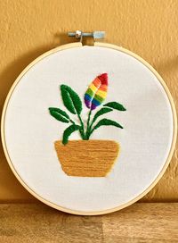 This simple yet bold embroidery hoop will bring joy and warmth to any living space and the great thing is that these plants don't require any watering!  Planted Pride - Embroidery Hoop  - Ready to ship - Approximately 6" diameter Planted Pride is hand stitched by me.  - DMC Floss - Cotton All hoops are backed with brown craft paper for a clean finished look.  - You have the option to hang on your wall from the small hoop at the top, or lean it up against something.  Thank you so much for explori