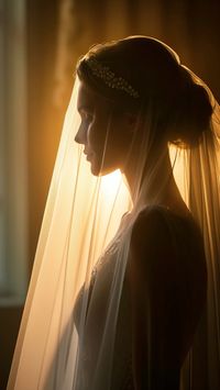 Photorealistic, silhouette of a bride in a white dress and veil against a bright window, Soft backlight creating an ethereal outline, Emphasis on the graceful shape of the veil, Evoking mystery and elegance --ar 9:16 --style raw