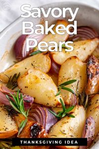 For something a bit different but totally delicious why not try these Savory Baked Pears! Served hot or warm they are just delicious! Great as a side dish to your Thanksgiving Turkey or Christmas Ham. Or just for a Roast Chicken on a Sunday. These roasted pears are a sweet and savory addition that will please everybody. Or try them as part of a cheeseboard for a healthy, naturally sweet accompaniment that is just a little bit different!