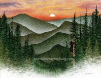 This is a print of my artwork featuring the sun setting behind miles of mountainous forest.  I also feature a little black bear hanging on one of the trees to give the scene some character.    This entire picture is made with dots!  Yes, I used the tips of permanent markers to build layer upon layer of color with dots.  This technique is called pointillism, and I've been working with this medium for over 40 years!  If you like my style of artwork, please continue to check out my online store here at Etsy. https://www.etsy.com/shop/Pointillismartbyjudy Or visit my website at www.pointillismartbyjudy.com I also offer a double matted print of this artwork.  I personally and professionally cut the mat board to shape the print.  The size of the outer edge of the mat board is 11 inches by 14 inc