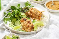 Roast chicken satay and pickled cucumbers