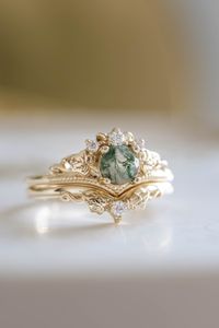 Ivy Leaf Green Moss Agate Ring Set, Leafy Elvish Engagement Ring & Matching Leaves Wedding Band With Diamond, 2pcs Bridal Set 14K / 18k Gold - Etsy