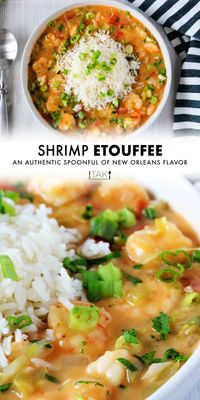 Make this creamy, velvety smooth Creole-style Shrimp Etouffée for an easy Louisiana-style dinner tonight! With a foolproof roux, a simple sauce fortified with the Cajun's holy trinity of vegetables, fresh tomatoes, and quick-cooking shrimp! Ladle your étouffée into a bowl, top it with a generous scoop of fluffy white rice, and a sprinkle of green onions.