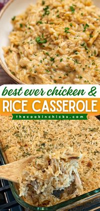 Turn to this easy casserole recipe for a one-pan meal! This chicken dinner is sure to become a staple in your house. Creamy and packed with flavor, this is the BEST EVER Chicken and Rice Casserole! Definitely a go-to comfort food!