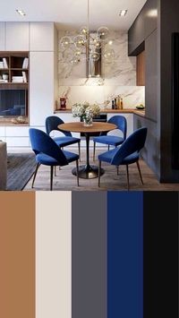 Elevate your dining experience with this stunning modern design featuring bold blue chairs, sleek marble accents, and a sophisticated lighting fixture. The warm, neutral tones balance the vibrant color palette, creating a perfect harmony of style and comfort. A true inspiration for contemporary living spaces.