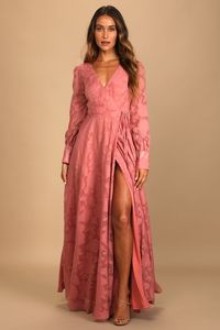 Kept Your Love Rose Pink Floral Jacquard Long Sleeve Maxi Dress