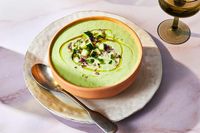 Cold soups are ideal for hot summer days, and this cold cucumber soup recipe from Andrew Zimmern gets tang and creaminess from Greek yogurt and big, summery flavor from lots of fresh herbs.