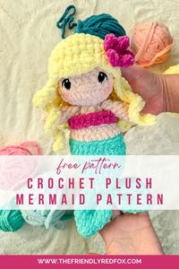 This free plush mermaid crochet pattern amigurumi pattern makes a squishy plush pal! This works up quickly with plush yarn.