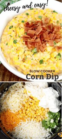 Corn Dip is a mouthwatering creamy and cheesy dip made effortlessly in your slow cooker. This easy cream cheese dip is packed with corn, green chiles, Pepper Jack, mozzarella and cheddar. Instructions for making this dip in the oven are also provided.rn#crockpot #easy #withcreamcheese #warm #recipe #baked #crack #appetizer #gameday