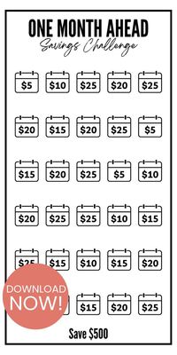 Tired of the stress of living paycheck to paycheck? The 1 Month Ahead Savings Challenge is your solution! This challenge helps you build a cushion by saving enough to cover next month's expenses with this month's income. Imagine the peace of mind knowing your bills are already taken care of! Click to download your bundle today!