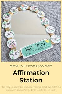 💛Positive affirmations are a simple and powerful way to build your students' self-esteem! This easy to assemble resource makes a great eye-catching classroom display for students to refer to regularly🤩 You may choose to display this around a mirror in your classroom, as a welcome door display, as part of a calm down corner – or ask your students where they think this resource would work best.🌈 Credit: @misslearnerteacher (Instagram)