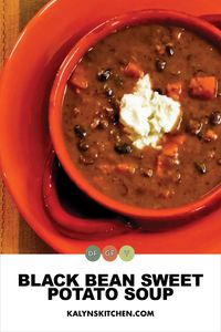 Please don't skip the lime juice in this Black Bean Sweet Potato Soup; this is a vegetarian soup that's loaded with flavor! And see below for a lower-carb option for this tasty soup. [found on KalynsKitchen.com] #BlackBeanSweetPotatoSoup #VegetarianBlackBeanSoup #VegetarianSoup