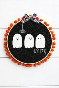 Show off your love for Halloween with this boo-yah! cute ghosties embroidery hoop art. This hoop is so sweet and a great beginner project!