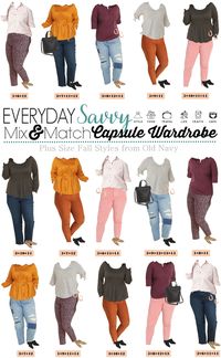 Plus Size fall Fashion - new Old Navy plus size capsule wardrobe fall. It includes 15 plus size outfit ideas including colored and printed pants, fall color tops, and even two pairs of shoes and a bag!