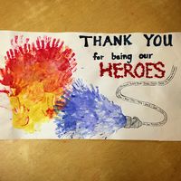 I took my preschoolers to the fire station to meet some of  the heroes of our city- firemen! We made a large thank you card for them! The fire and water are made of handprints and the hose is made from their names! Thank you to all those who dedicate their lives to helping others