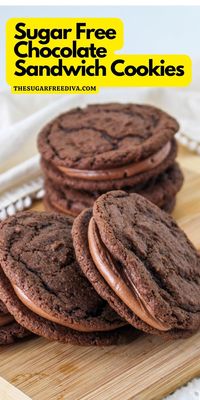 Sugar Free Chocolate Sandwich Cookies, a delicious dessert or snack recipe featuring crisp chocolate cookies with a creamy chocolate filling. Read more at: https://thesugarfreediva.com/sugar-free-chocolate-sandwich-cookies/