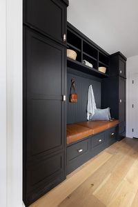 Black Beadboard trim Over Black Shaker Mudroom bench - Transitional - Laundry Room