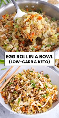 Make this easy Egg Roll in a Bowl recipe in under 30 minutes for a quick dinner the whole family will love! An egg roll is deconstructed to make a healthy, low-carb, keto and Whole30-friendly meal. Enjoy your Asian restaurant favorite at home while sticking to your weight loss goals!