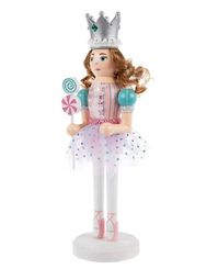 WELCOME TO ONLINEPARTYCENTER,  The holiday shopping starts here! Sweeten up your holiday display with this Candy Ballerina Wood Nutcracker. This charming MDF nutcracker has a pink and teal ballerina outfit, complete with ornate trim. Its head is topped with realistic brown hair and a silver crown, and it holds a peppermint swirl wand in one hand. Use its glittery base to show it off on a table or mantel. Includes: 1 candy nutcracker Dimensions: Length: 4" Width: 4" Height: 14" Material: Wood