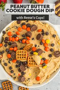 Peanut Butter Cookie Dough Dip is so simple to make and perfect for the peanut butter and chocolate lover. This creamy and fluffy dessert dip is loaded with mini Reese’s cups, Reese’s Pieces, and just the right amount of chocolate chips. | www.persnicketyplates.com