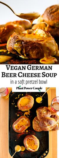 Vegan Beer Cheese Soup in a soft pretzel bowl to make all your Oktoberfest dreams come true! This stuff is so ooey gooey delicious, and you'll be shocked it contains secret veggies too! #vegan // plantpowercouple.com