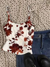 Cow Print Floral Retro Casual Sexy Women Camisole Tank Top White Boho   Knitted Fabric Floral,Plain,Plants,All Over Print Cami Slight Stretch  Women Clothing, size features are:Bust: ,Length: ,Sleeve Length: