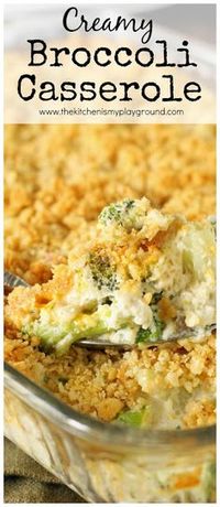 Creamy Broccoli Casserole ~ A family-favorite. With its cheesy broccoli goodness & buttered cracker topping, what's not to love?  A perfect side for Thanksgiving, Christmas, or any day!  www.thekitchenismyplayground.com