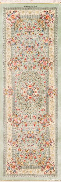 Breathtaking Vintage Persian Qum Silk Floral Medallion Hallway Runner Rug, country of origin: Persian Rugs, Circa date: Vintage - The art of rug weaving