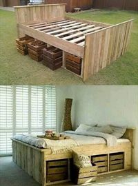 DIY Pallet Bed with Pull Out Crates Under. Upcycle the pallets to form the frame for the bed and add wood crates under for more storage in your bedroom. Leave the original materials to show off their origin charm!