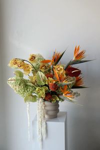 Anthuriums, Orchids, birds of paradise, amaranthus, protea and hydrangea