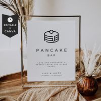 Pancake Bar/Breakfast Buffet Menu Wedding Food Sign - Canva Template - Print at Home Looking for a unique and minimalistic Pancake Bar sign for your wedding? Look no further than our minimalist wedding signs! Our signs are designed to perfectly match any wedding theme, and can be customised to include your own details, names, etc. These templates will make a great addition to your wedding reception décor and keep your guests informed!  ⭐️⭐️⭐️⭐️⭐️⭐️⭐️⭐️⭐️⭐️⭐️⭐️⭐️⭐️⭐️⭐️⭐️⭐️⭐️⭐️⭐️⭐️⭐️⭐️ This downlo