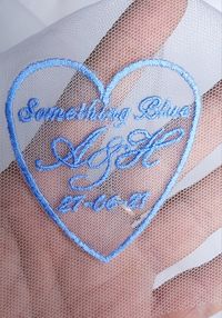 Embroidered patch "Something Blue" for the wedding dress. Gift for the bride "Something Blue" Something blue for the bride. You should have something blue at your wedding. Especially for this, I embroidered a little blue heart for you. The monogram and the date of your wedding embroidered on the tulle will remind you of your happy day. Embroidered patch size: Width 3"(8cm) Length 3"(8cm)